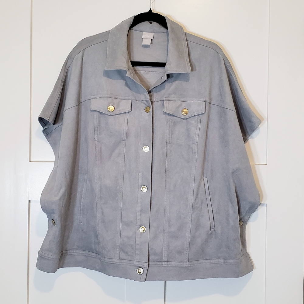 Chico's Suede Gray Trucker Style Vest Jacket Ruana Wrap Button Up  Stretch L/XL